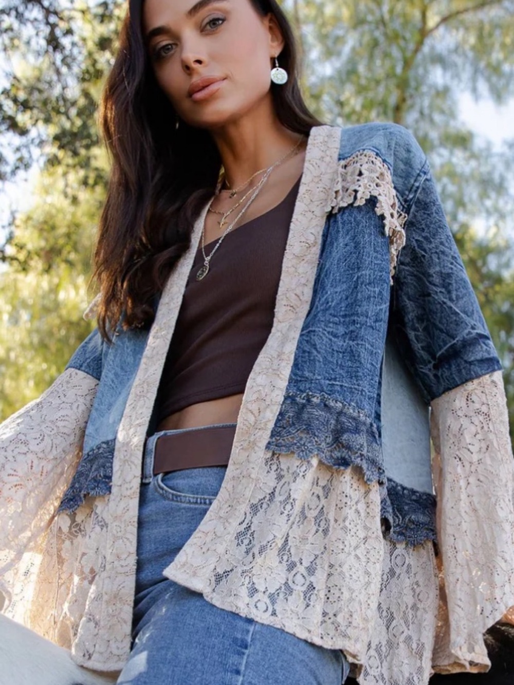 Frayed Lace-Trim Denim Jacket - Blue and Cream - Picture 4 of 10